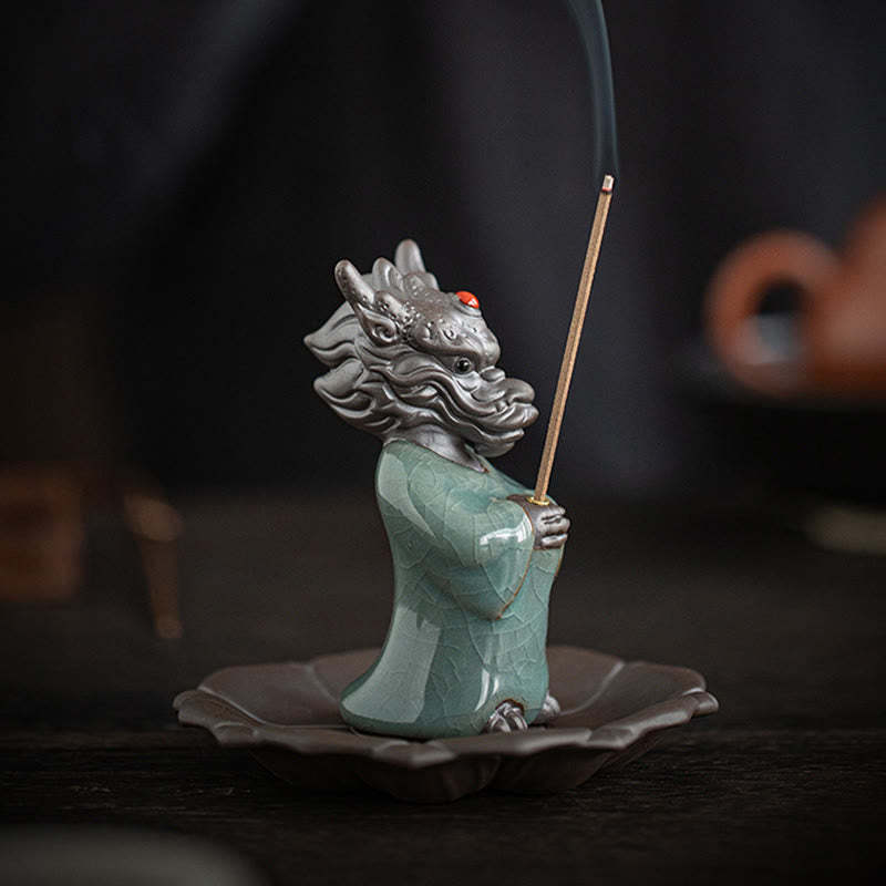 Praying Dragon King Lotus Base Fu Character Ceramic Healing Incense Burner Desk Decoration