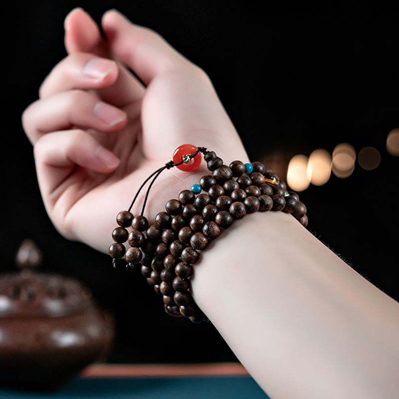 108 Mala Beads Kalimantan Agarwood Laughing mystic zen Peace Buckle Red Agate Jade Strength Bracelet