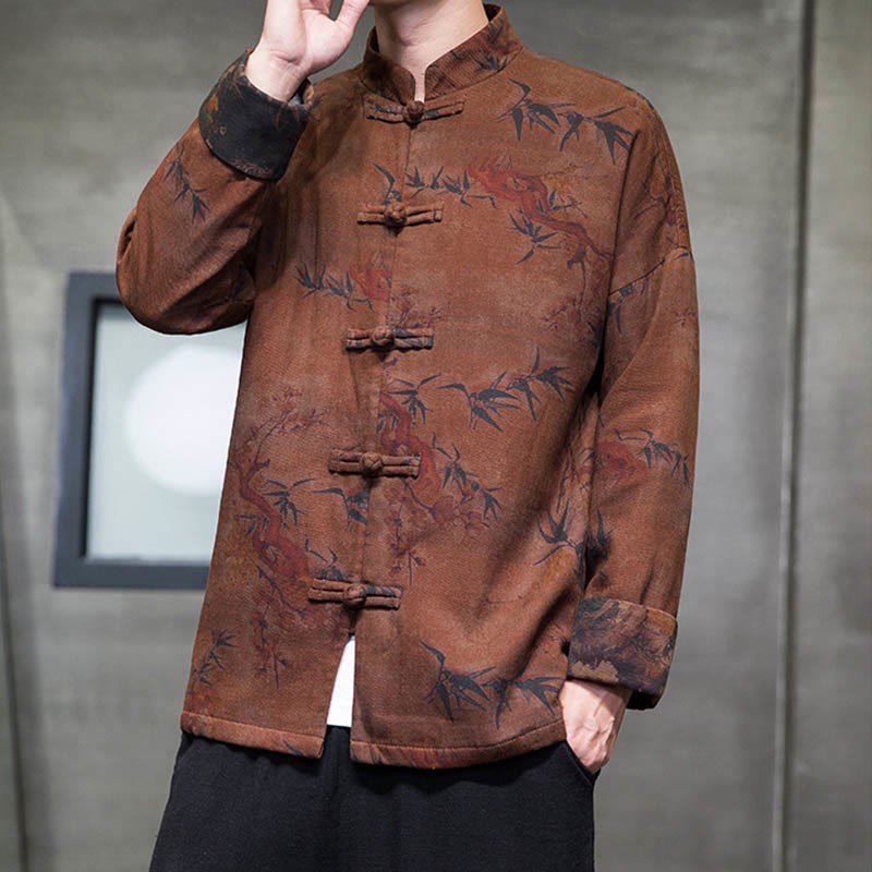 Frog-Button Chinese Tang Suit Long Shirt Cotton Men Jacket Clothing