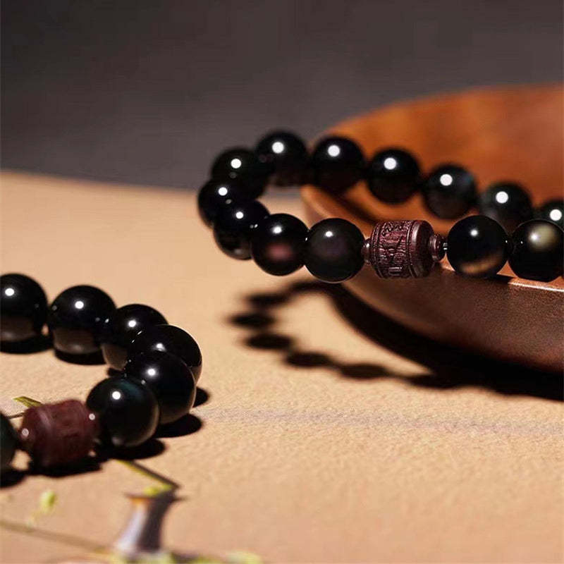 Natural Gold Sheen Obsidian Rainbow Obsidian Om Mani Padme Hum Fu Character Healing Bracelet