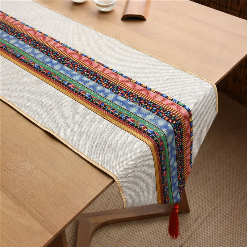Classic Chinese Style Lotus Koi Fish Flower Crane Calligraphy Enlightenment Cotton Linen Tassels Table Runner
