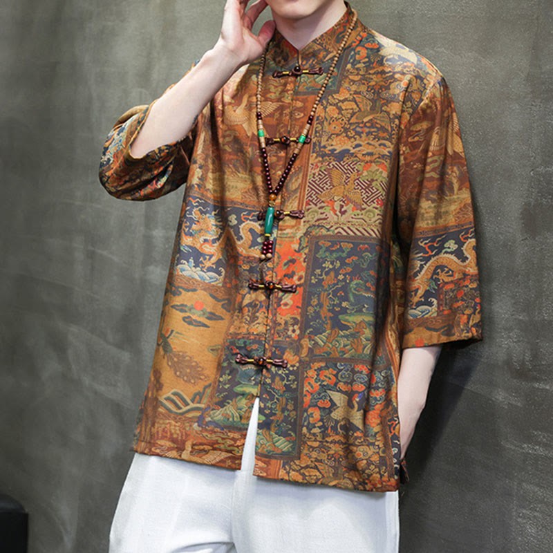 Landscape Chinese Dragon Pattern Chinese Three Quarter Sleeve Shirt Men T-shirt