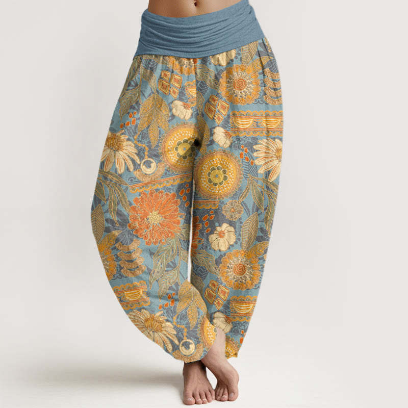 Sunflowers Round Floral Design Women's Elastic Waist Harem Pants