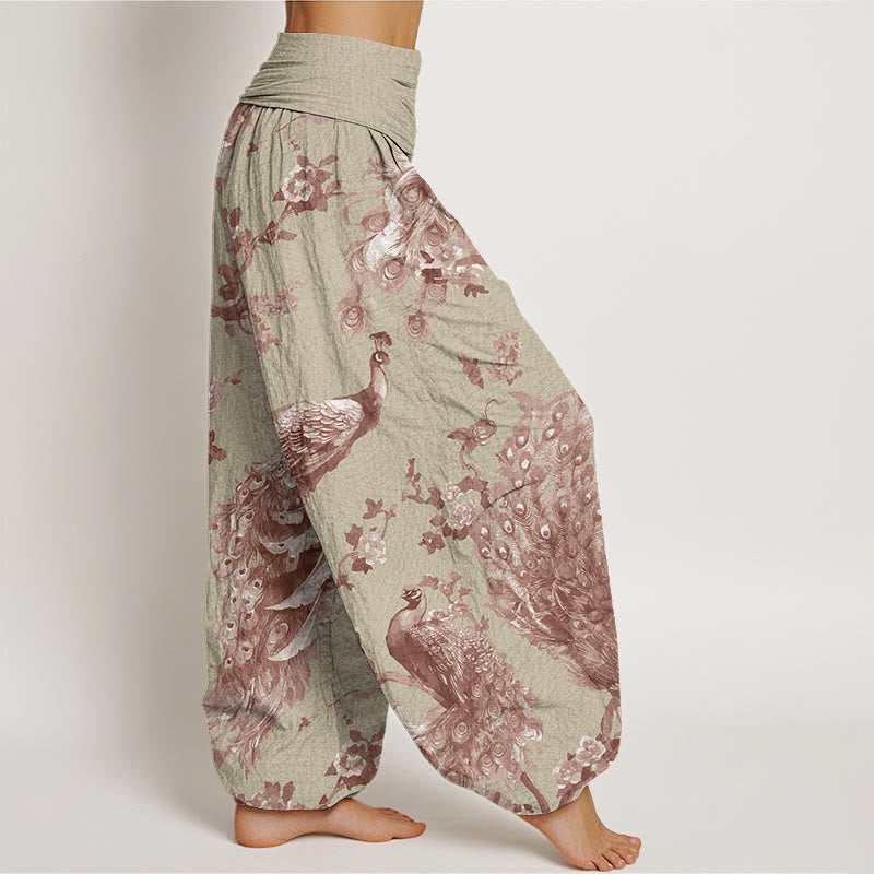 Casual Peacock Perched On Branch Petals Women's Elastic Waist Harem Pants