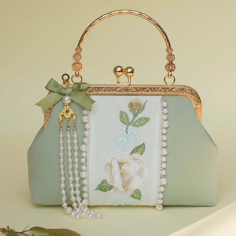 Double-sided Flowers Embroidery Pearl Pendant Metal Chain Crossbody Bag Handbags
