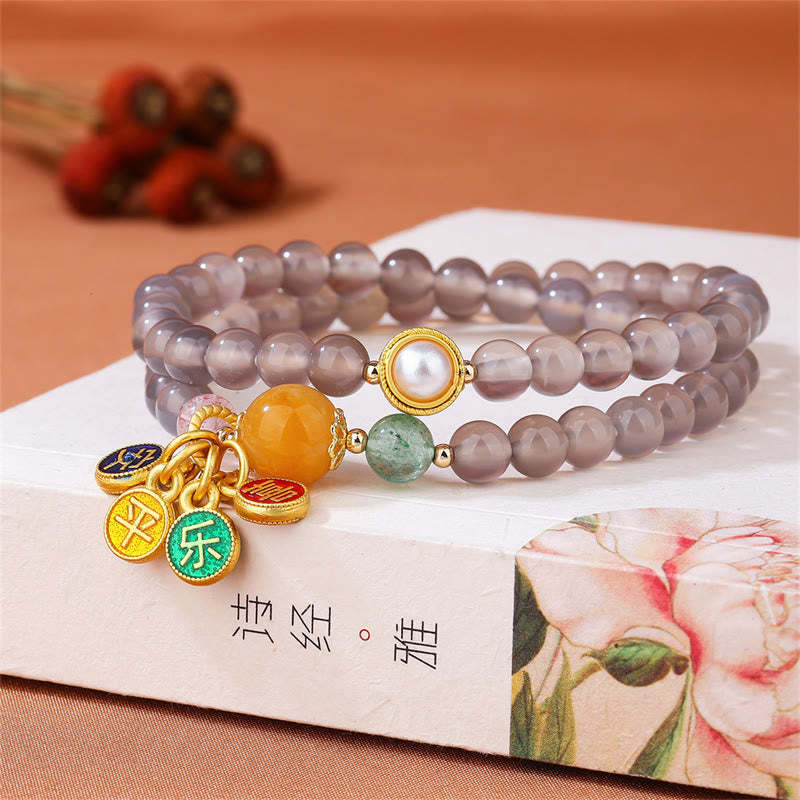 Natural Gray Agate Peace And Joy Charm Balance Double Wrap Bracelet