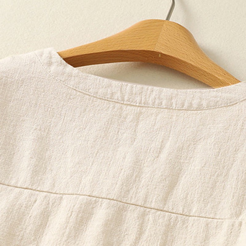 Casual Women's Loose Standing Collar Long Sleeve Design Plain Cotton Linen Shirt