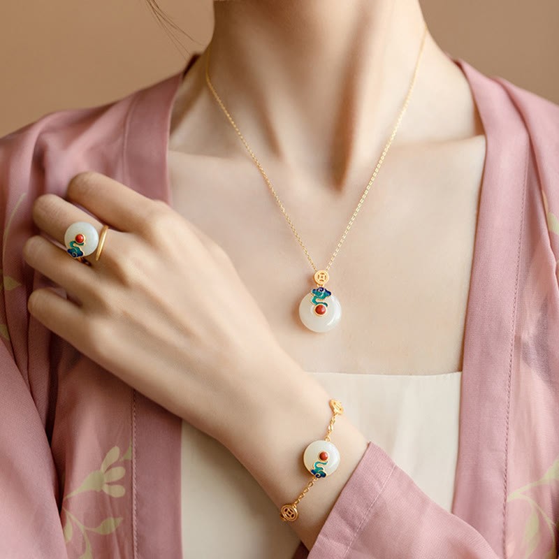 Jade Copper Coins Auspicious Clouds Prosperity Necklace Pendant Bracelet Ring Earrings