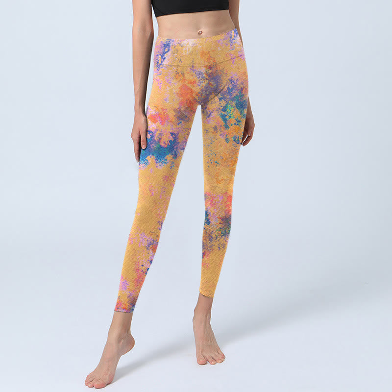 Bright Yellow Abstract Watercolor Pattern Print Gym Leggings Women's Yoga Pants