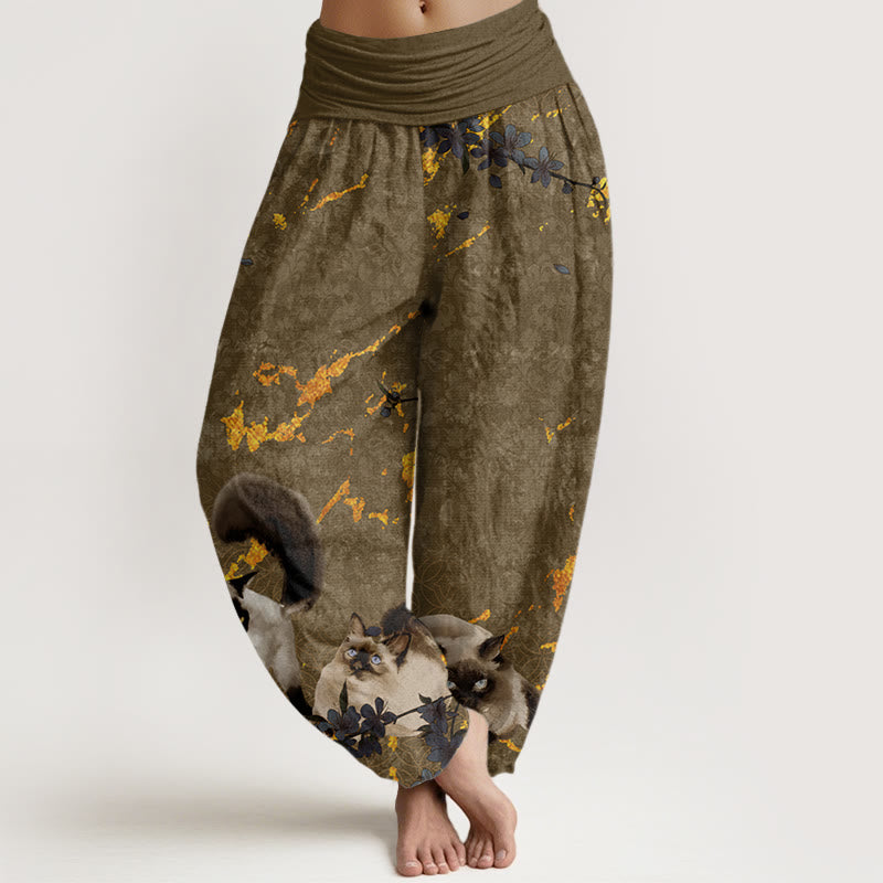Siamese Cats Flower Coin Pattern Women's Elastic Waist Harem Pants