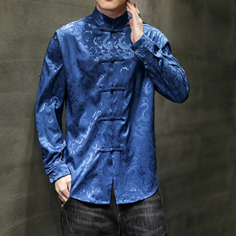 Casual Dragon Pattern Frog-button Tang Suit Linen Men's Jacket Shirt