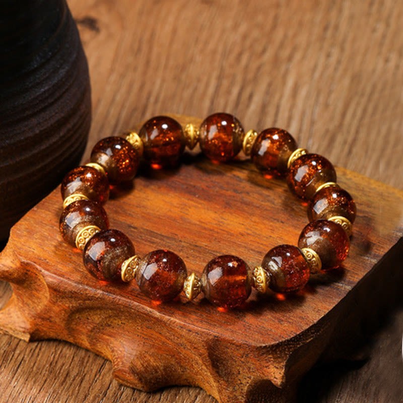 Gold Swallowing Beast Family Charm Liuli Glass Bead Fortune Bracelet