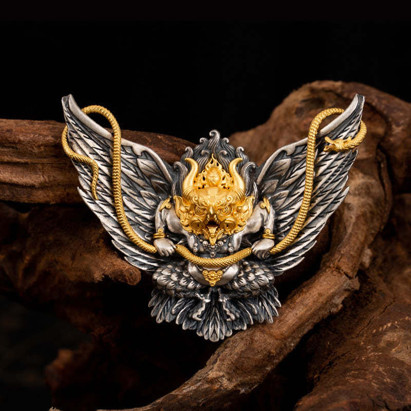 925 Sterling Silver Tibetan Garuda Bird Dragon Snake Wisdom Necklace Pendant