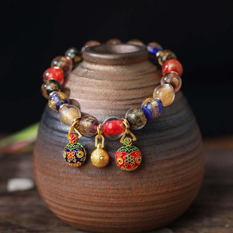 Gold Swallowing Beast Family Charm Gold Silver Foil Liuli Glass Bead Blessings Bracelet