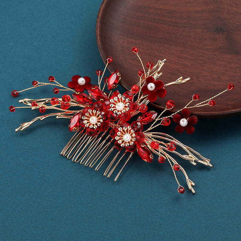Chinese Wedding Golden Red Flower Branche Hair Comb