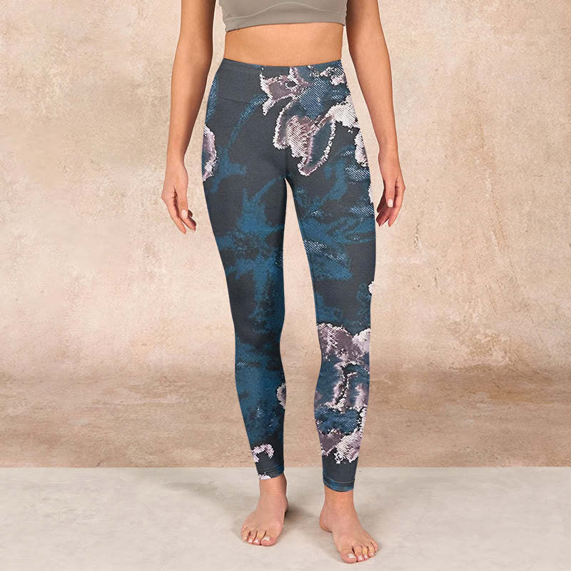 SteelBlue Silver Flowers Print Exercise Leggings Women's Yoga Pants