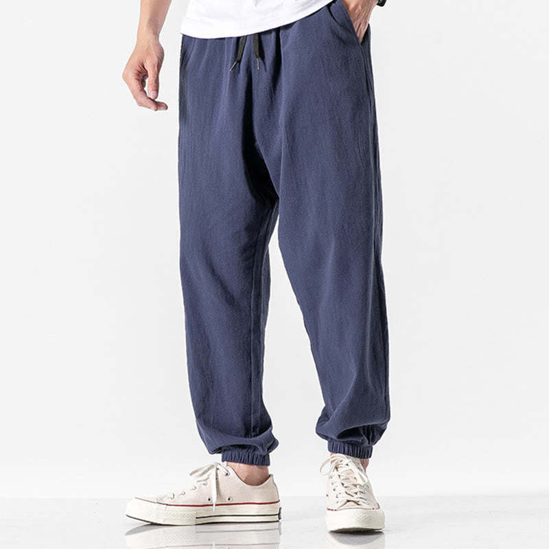 Solid Color Drawstring Cotton Men's Pants With Pockets