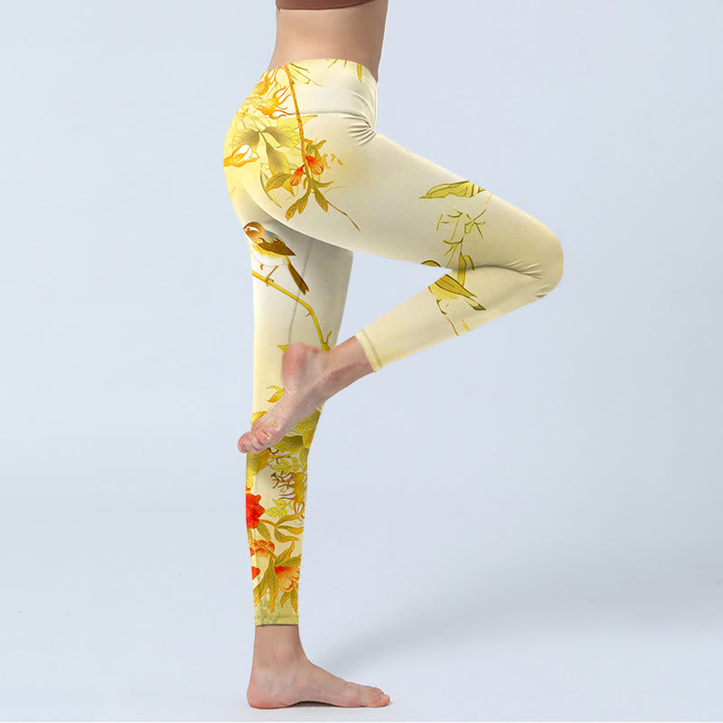 Light Yellow Peony Flowers Birds Print Sports Leggings Women's Yoga Pants