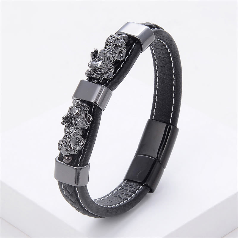 Double PiXiu Wealth Luck Leather Magnetic Buckle Bracelet