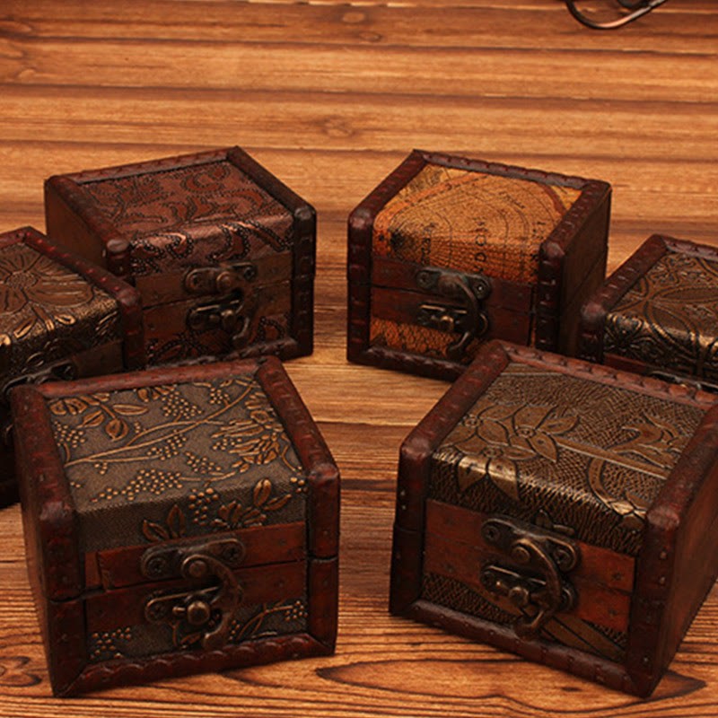 Retro Small Square Wood Jewelry Box Lotus Grass Flower Grape Copper Coin Daffodil Jewelry Storage Box