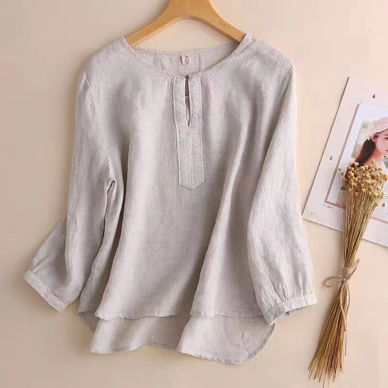 Casual Plain Women's Hollow Crew Neck Design Three Quarter Sleeve Cotton Linen Shirt
