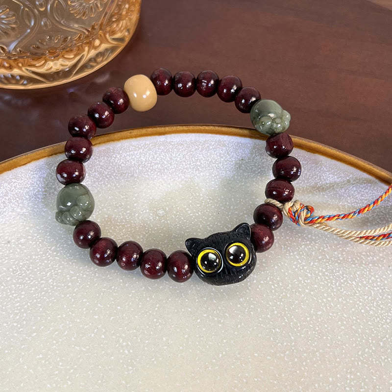 Ebony Wood Lovely Cat Jade Paw Peace Tassel Wood Bracelet