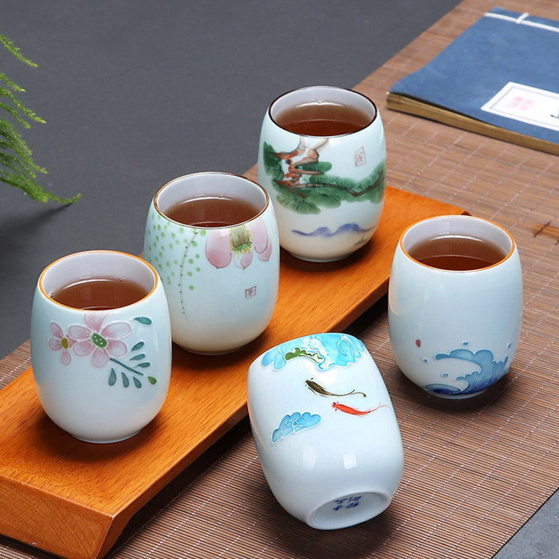 Koi Fish Lotus Landscape Dandelion Peony Flower Ceramic Teacup Kung Fu Tea Cup