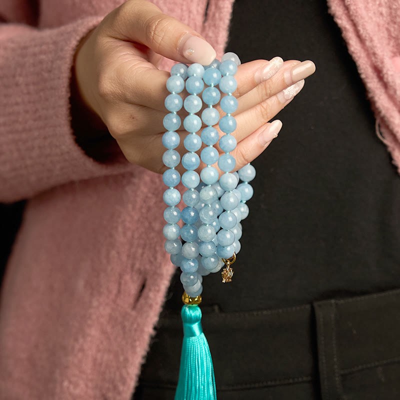 108 Mala Beads Natural Stone Aquamarine Tassel Lotus Healing Bracelet