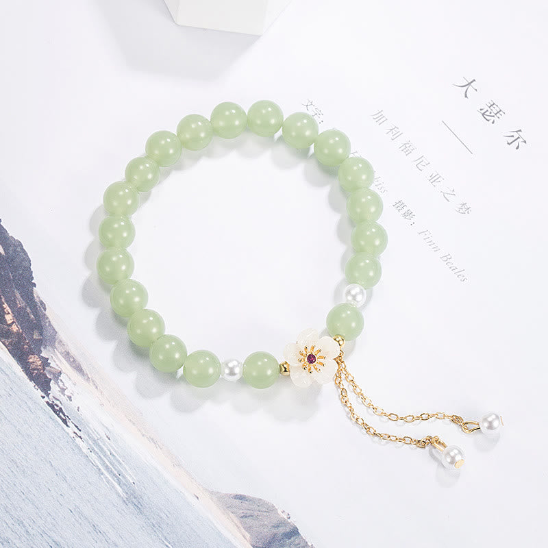 Jade Peach Blossom Flower Pearl Luck Blessing Bracelet