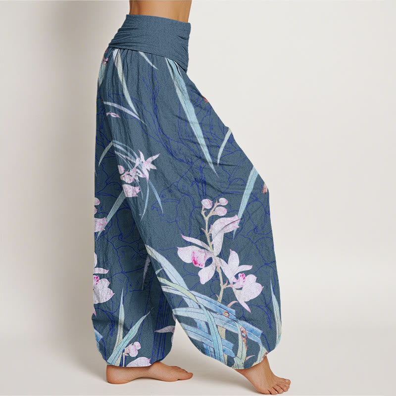 Weeds Plant Wilting Flowers Pattern Women's Elastic Waist Harem Pants