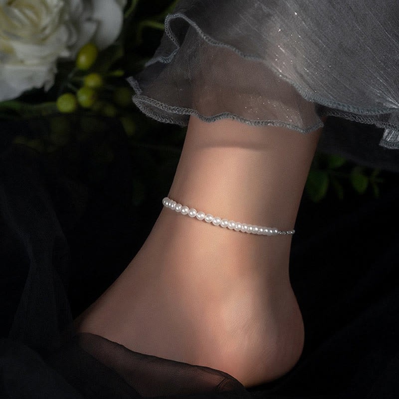 925 Sterling Silver Pearl Beads Protection Anklet