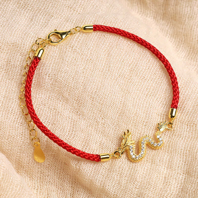 925 Sterling Silver Year Of The Dragon Auspicious Golden Dragon Luck Red Rope Chain Bracelet (Extra 30% Off | USE CODE: FS30)