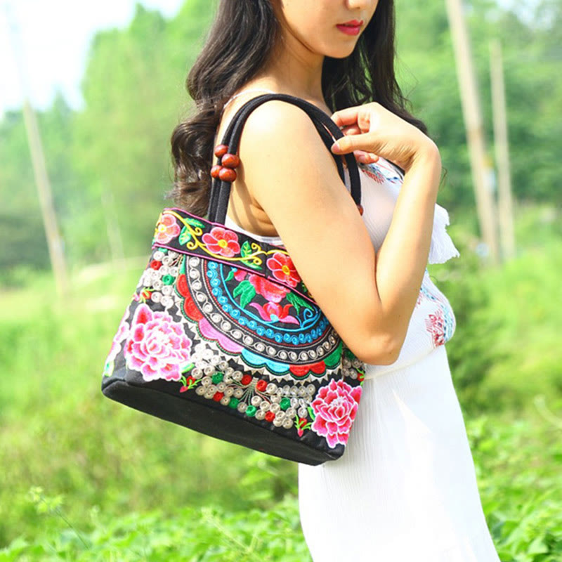 Money Tree Peony Phoenix Apple Blossom Double-Sided Embroidery Cotton Canvas Shopping Purse Handbag