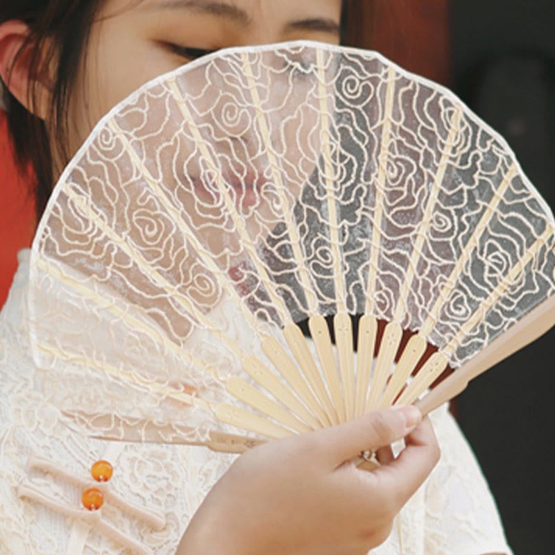 Rose Embroidery Lace Shell Shape Tassels Handheld Bamboo Folding Fan