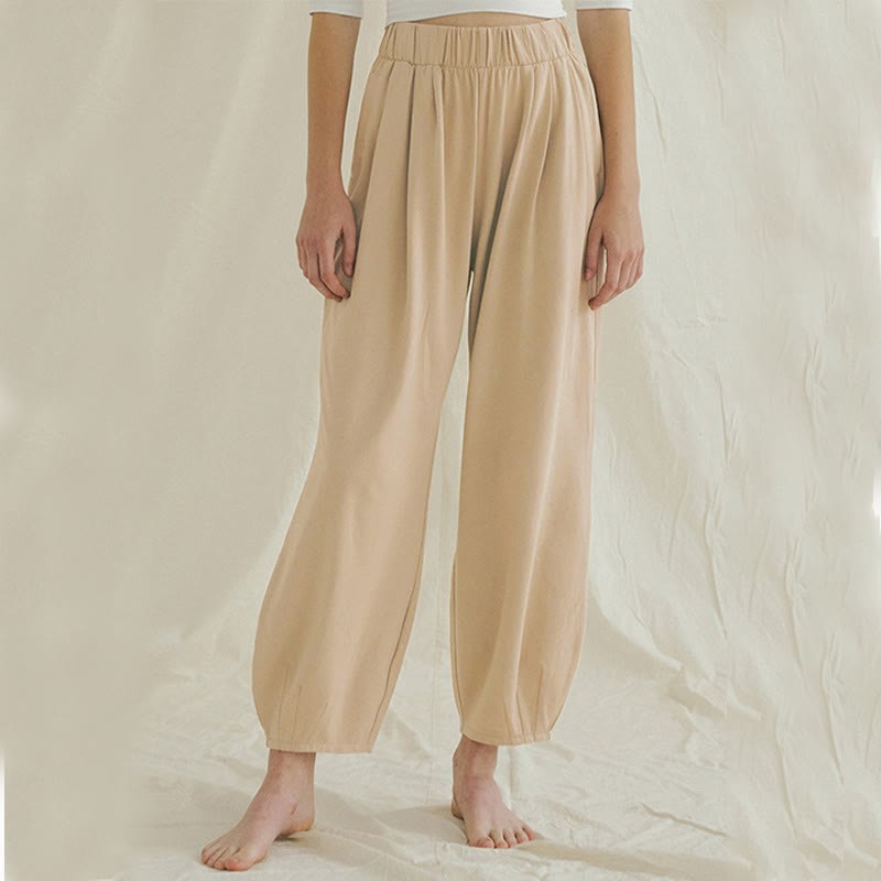 Casual Loose Tie-down Hem Plain High Waist Women's Leica Pants With Pockets