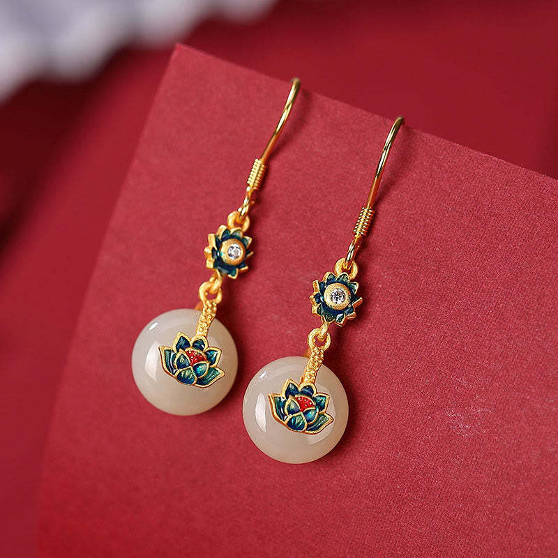 925 Sterling Silver Plated Gold Hetian Jade Lotus Luck Ring Earrings Set