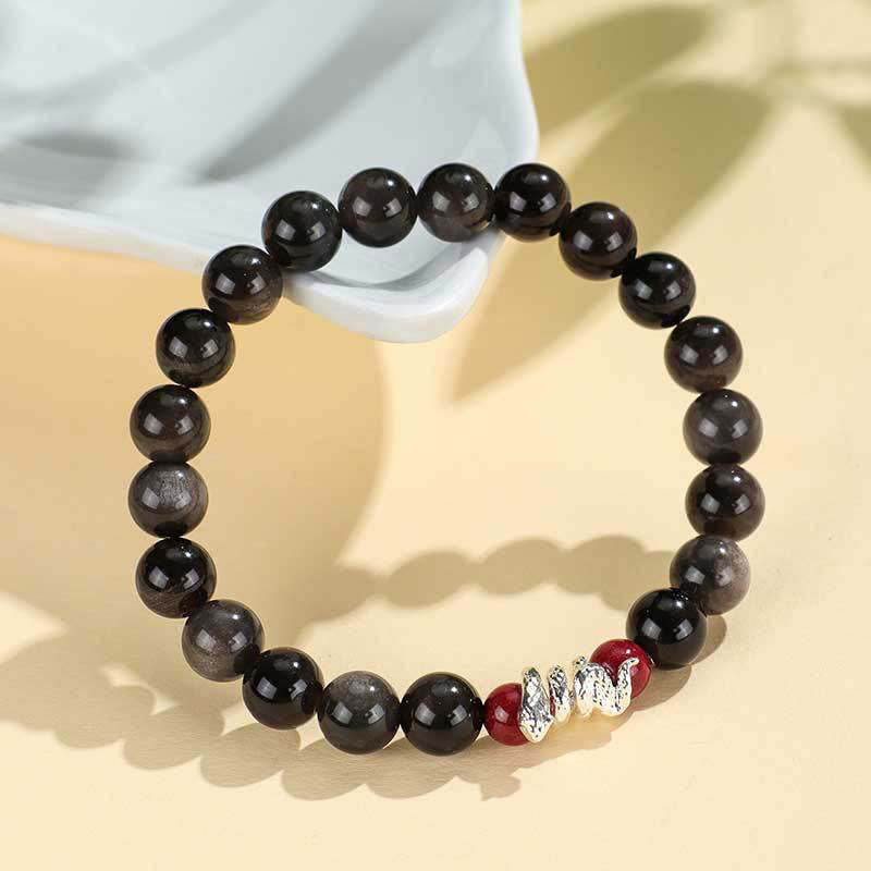 Silver Sheen Obsidian Cinnabar Copper Year of the Snake Protection Bracelet