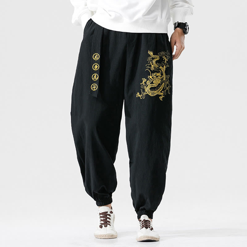 Auspicious Clouds Dragon Cotton Men's Pants With Pockets