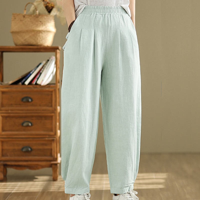 Casual Solid Color Tapered Elastic Waistband Cotton Linen Women's Pants With Pockets