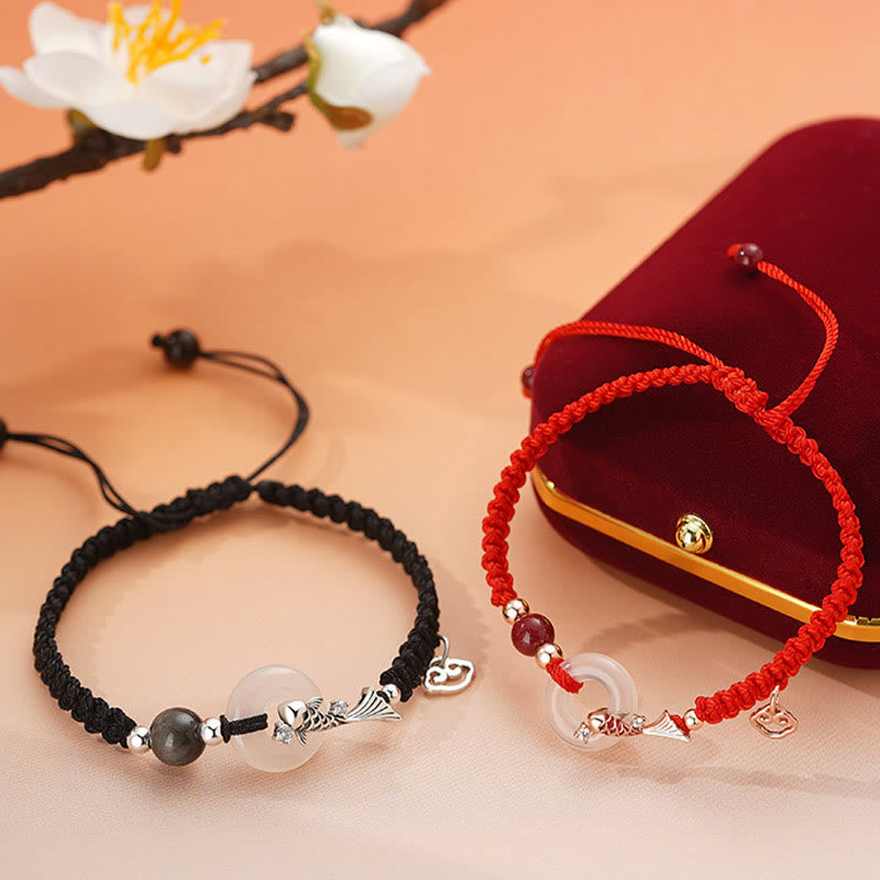 Handmade Chalcedony Peace Buckle Koi Fish 925 Sterling Silver Braided String Positive Couple's Bracelet