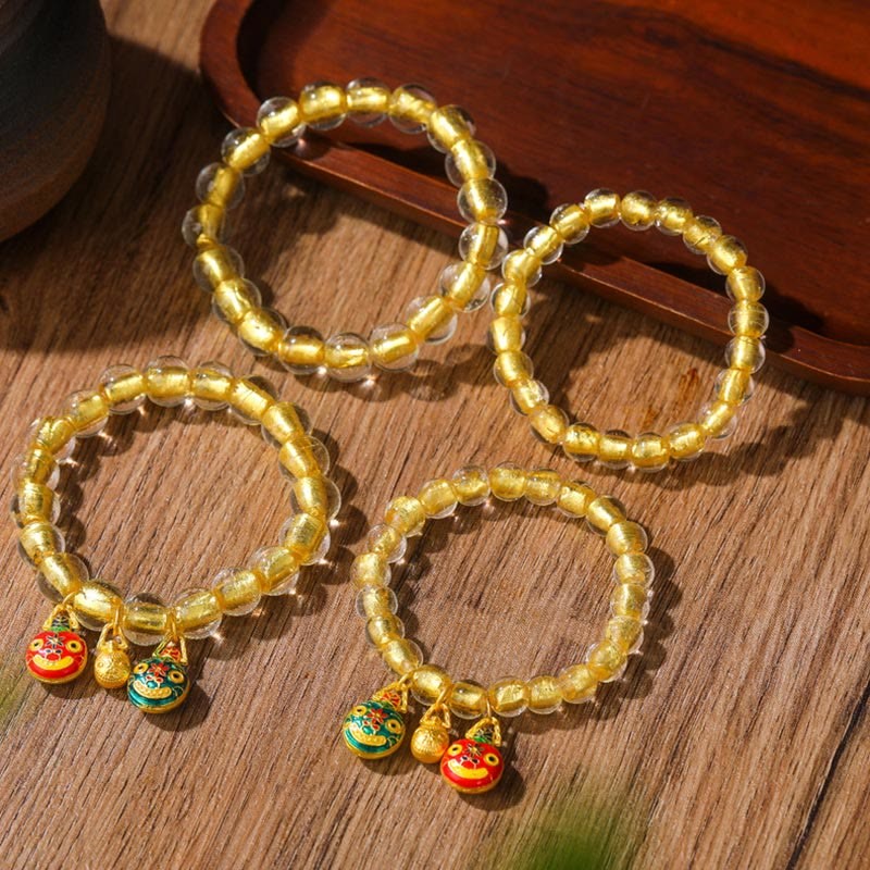 Gold Swallowing Beast Family Charm Gold Foil Liuli Glass Bead Fortune Bracelet