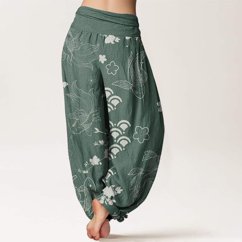 Koi Fish Waves Flowers Design Women's Elastic Waist Harem Pants