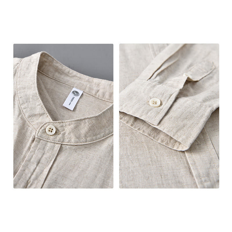 Men's Long Sleeve Stand Collar With Pocket Pure Color Casual Cotton Linen Shirt