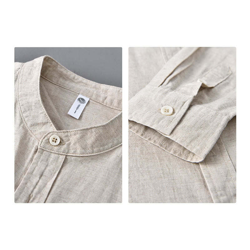 Men's Long Sleeve Stand Collar With Pocket Pure Color Casual Cotton Linen Shirt