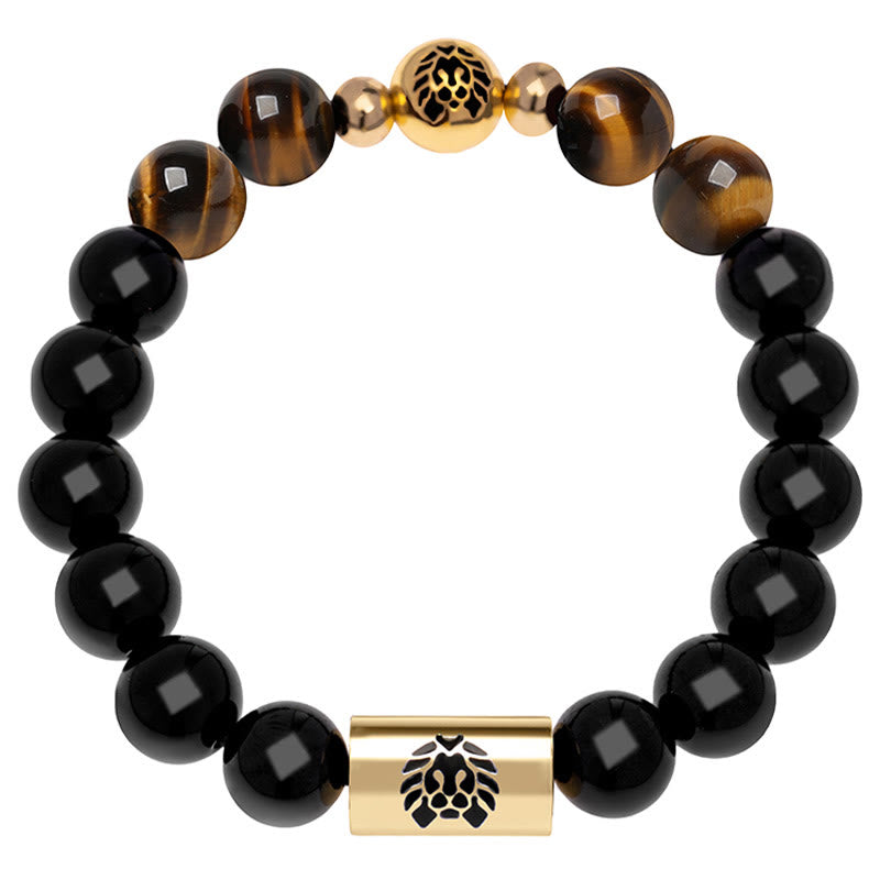 Black Onyx Tiger Eye Bead Lion Engraved Protection Bracelet