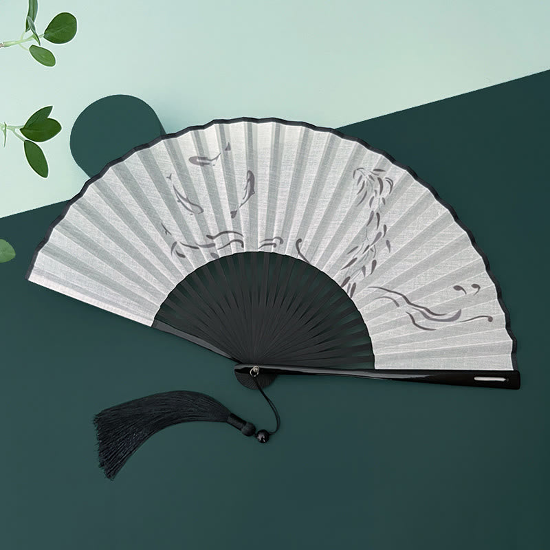 Bamboo Koi Fish Crane Handheld Cotton Linen Folding Fan