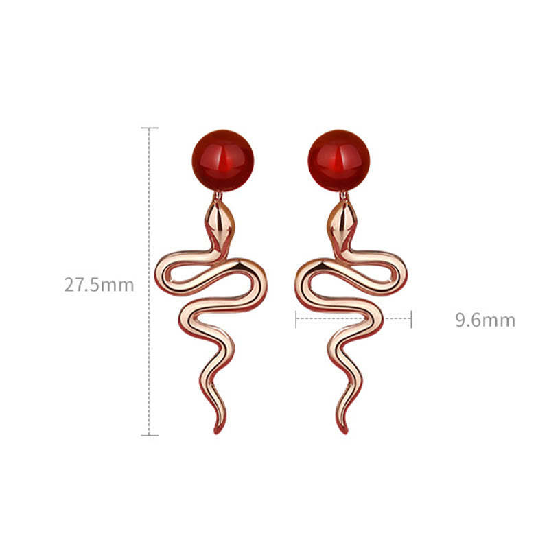 925 Sterling Silver Red Agate Chalcedony Year Of The Snake Blessing Earrings
