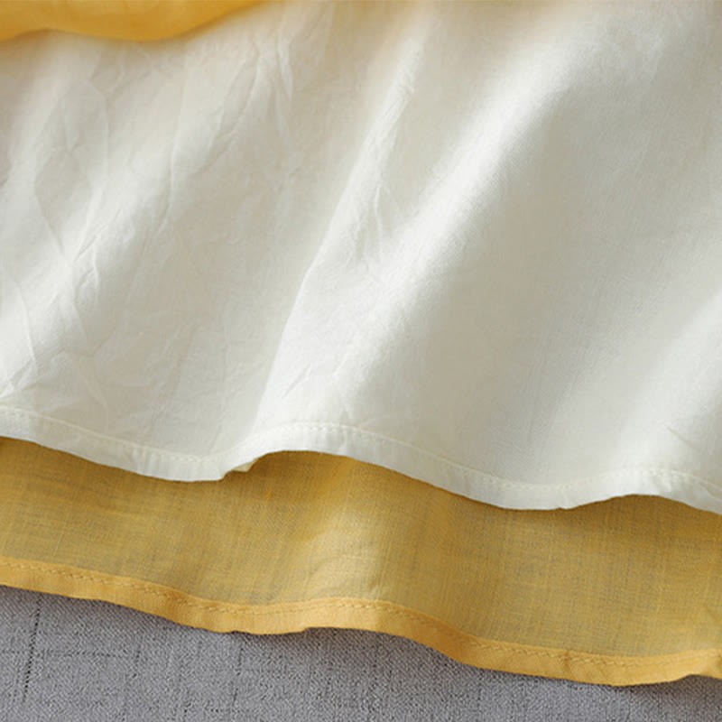 Solid Color Frog-Button Three Quarter Sleeve Double Layer Cotton Linen Shirt