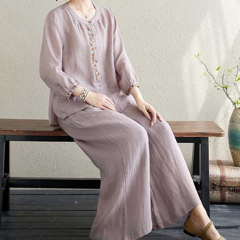 2Pcs Cotton Embroidery Flowers Shirt Top Pants Meditation Zen Tai Chi Clothing Women's Set