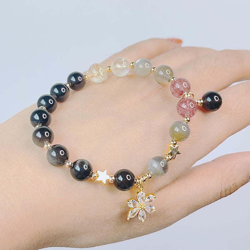 Natural Silver Sheen Obsidian Love Heart Star Flower Protection Bracelet (Extra 30% Off | USE CODE: FS30)